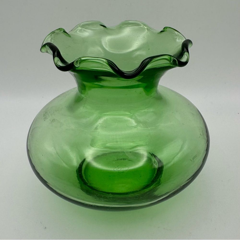 Vintage Anchor Hocking Green Glass Mini Vase 3 Inch with Crimped Rim